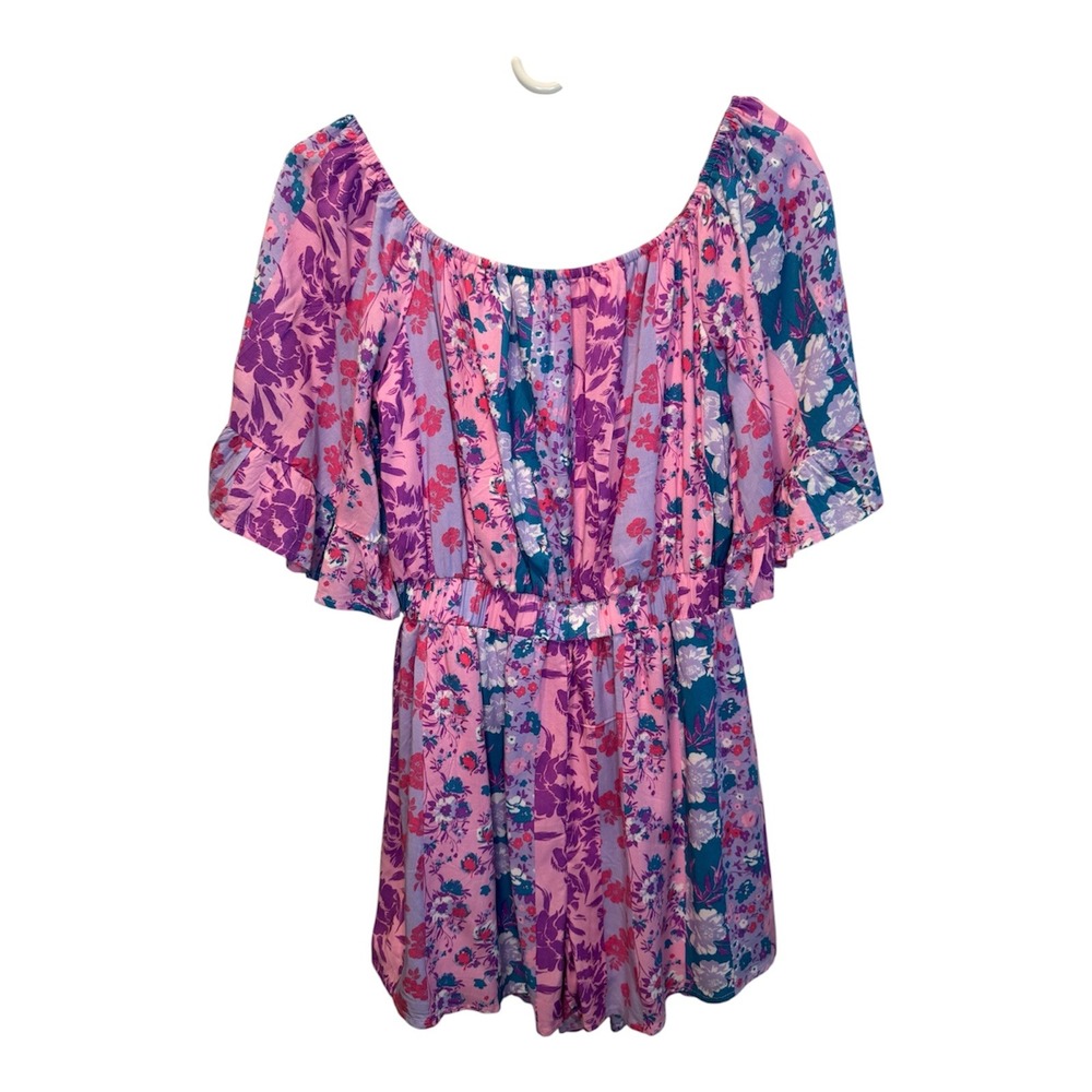 Andree by Unit Pink Floral Patchwork Flutter Sleeve Off Shoulder Romper M NEW
